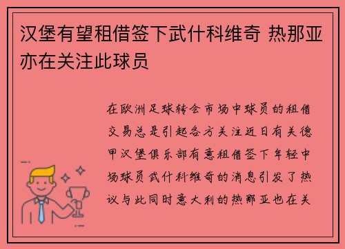 汉堡有望租借签下武什科维奇 热那亚亦在关注此球员