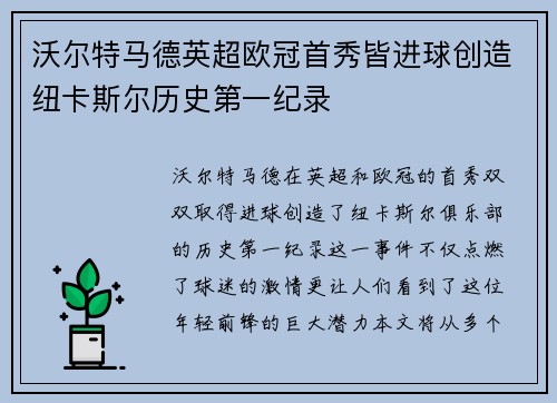 沃尔特马德英超欧冠首秀皆进球创造纽卡斯尔历史第一纪录